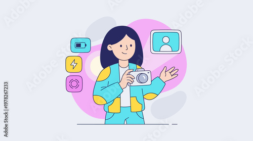 Female photographer surrounded by camera and photography icons. Ideal for photography blogs, social media posts, and marketing materials.