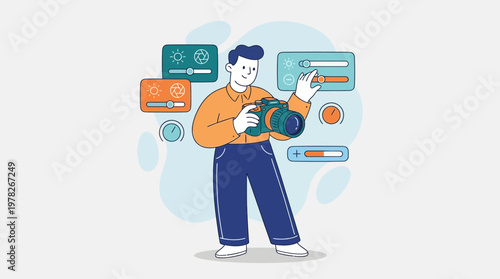 Photographer adjusting camera settings with digital tools in a colorful cartoon. Suitable for photography or digital editing content.
