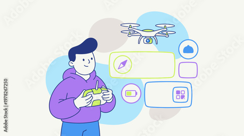 Man controls a drone with remote in midst of icon boxes. Suitable for technology, innovation, drone control, aerial photography concepts.