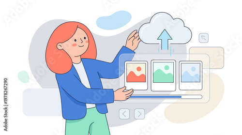 Woman uploads photos to the cloud with a progress bar. Suitable for technology or cloud storage concepts in presentations or articles.