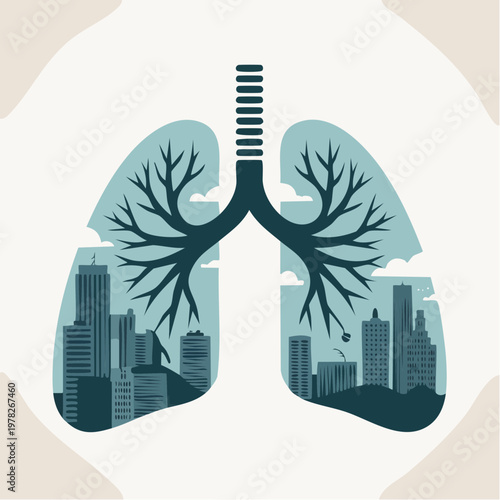 lungs with cityscape inside, air pollution illustration