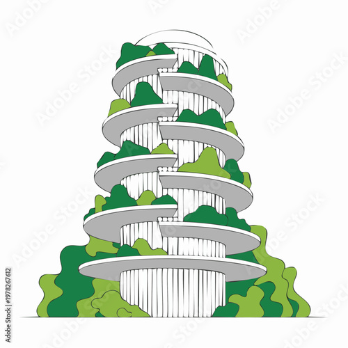 Futuristic green skyscraper with spiral balconies and trees illustrati