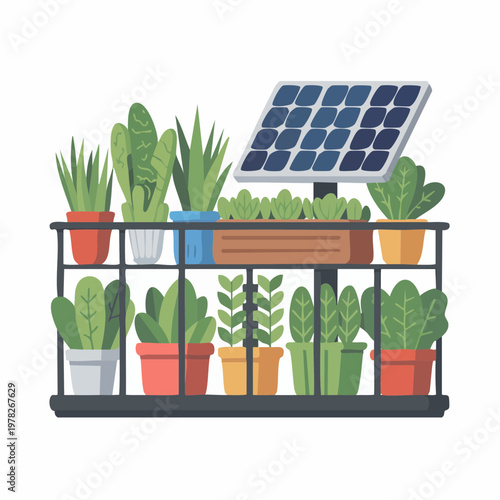 solar powered plant nursery with various potted plants