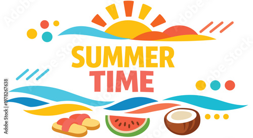 Bright vector illustration capturing essence of summer, featuring vibrant sun, refreshing waves, comfortable slippers, juicy watermelon, and tropical coconut for perfect warm weather vacation.