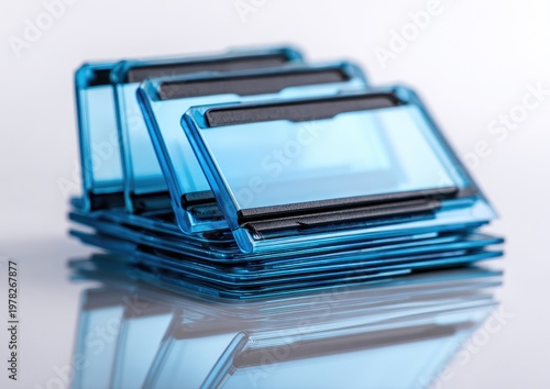 Stack of Blue Electronic Components on a Reflective Surface.