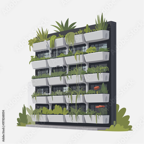 Modern green wall with plants and balconies illustration