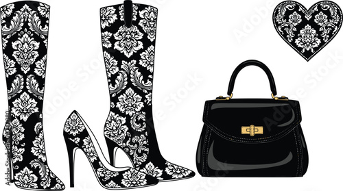 Luxury fashion vector set featuring damask patterned high heel boots and pumps with a classic black leather handbag and heart icon for elegant boutique design.