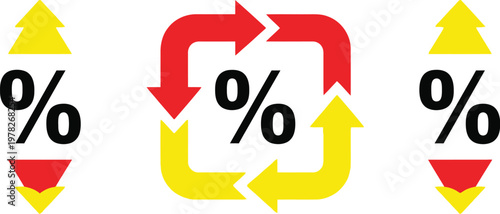 Percentage sign vector illustration showing dynamic interest rate fluctuations with arrows indicating rising and falling financial market growth trends