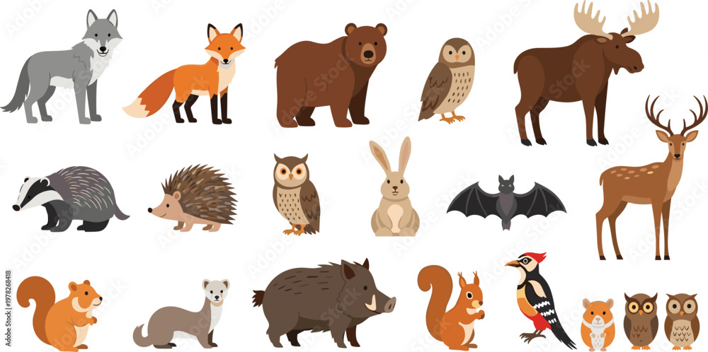 Fototapeta premium Forest Animals Vector Set with Wolf Fox Bear Owl Moose Deer Badger Hedgehog Rabbit Bat Boar Squirrel and Woodland Wildlife in Flat Style.