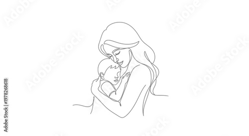 Continuous line art of a loving mother gently cradling her newborn baby, expressing warmth and connection