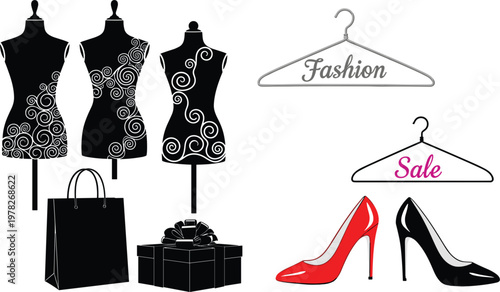 Elegant fashion retail vector set with mannequin silhouettes high heels shopping bag gift box and hangers for boutique sale promotion and luxury apparel design.
