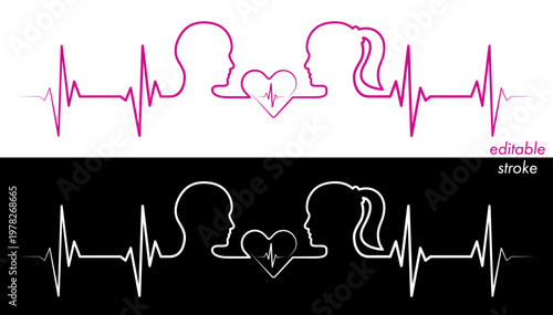 Editable stroke line love couple, man, woman head, line art vector. Heart rhythm ekg vector design to use for love, healthy lifestyle, emotion, romance concept illustration projects. 