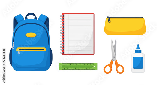 Colorful Illustration of School Supplies with Backpack Notebook and Stationery Tools.
