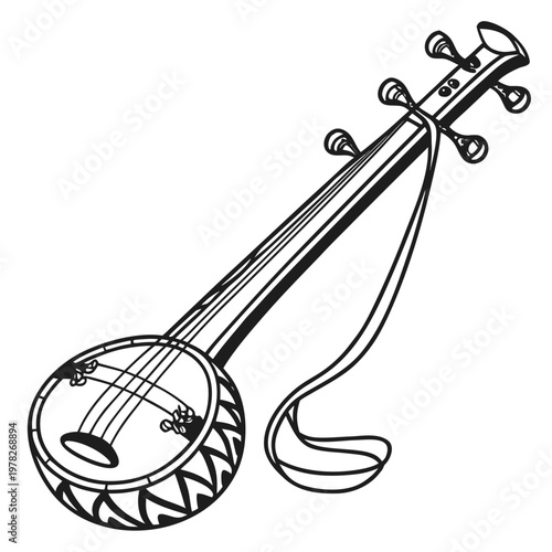 Sitar, Indian stringed instrument, musical, vector illustration