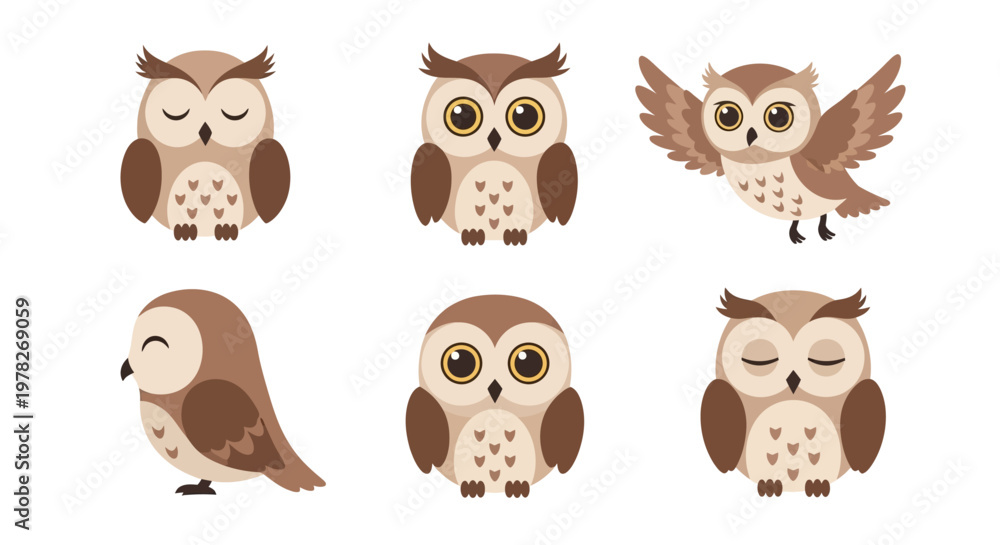 Obraz premium Adorable Cartoon Owls in Various Expressive Poses Illustration Set.