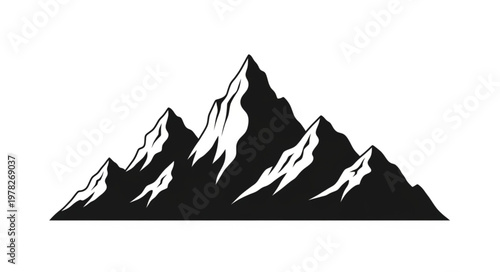 Monochromatic Mountain Range Silhouette with Jagged Peaks and Snowy Highlights.