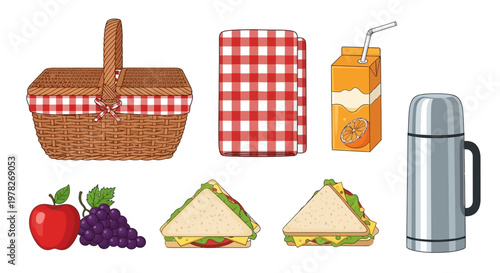 Cartoon Illustration of Picnic Basket with Sandwiches Fruits Juice and Thermos.