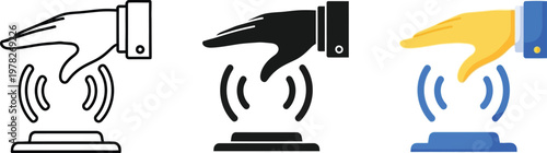 Hand interacting with a wireless signal emitting device, a modern contactless technology vector illustration graphic design concept featuring three distinct icon styles.