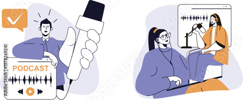 A curious woman listens to a podcast while working at her computer