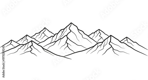 Detailed Line Art Illustration of a Mountain Range Landscape.