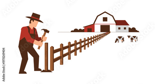 Man building wooden farm fence.