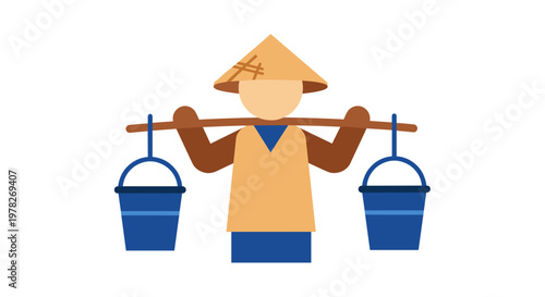 Man carrying buckets on shoulder.