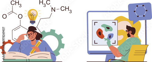 3d molecular structure visualized with an animated assistant pointing to chemical bonds