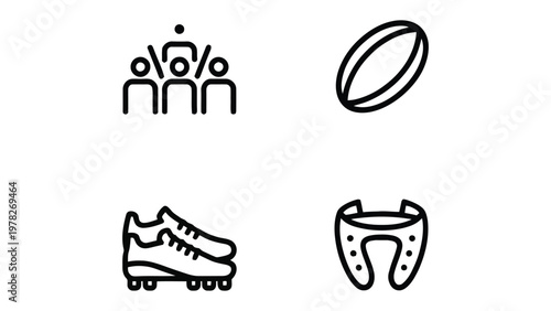Rugby: A simple line art of rugby ball, player, shoe, mouthguard representing rugby game.