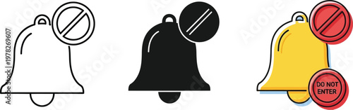 Notification off bell icon vector illustration graphic design set showing silent alerts, unavailable updates, and blocked messages for user interface.
