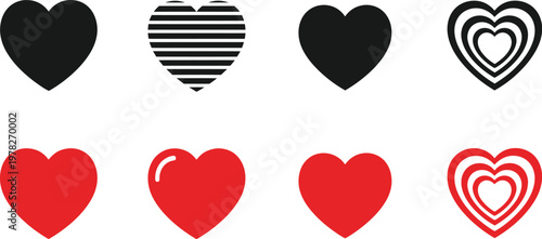 Heart vector icons set featuring various black and red graphical shapes for romantic design projects and creative digital illustrations