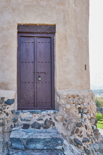 Traditional wooden door of 16th-century Portuguese watchtower in Fujairah, UAE