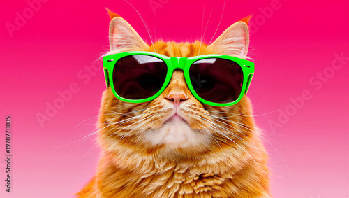 A cool orange cat wearing green sunglasses against a pink background
