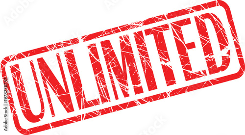 A red and white stamp with the word unlimited