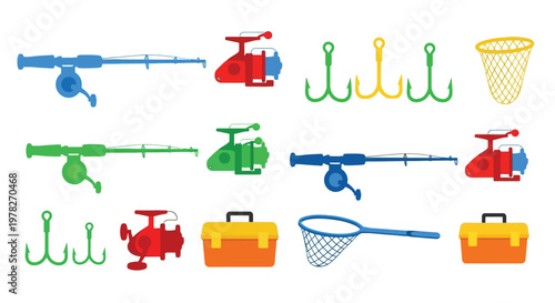 Colorful flat lay illustration of various fishing equipment and accessories