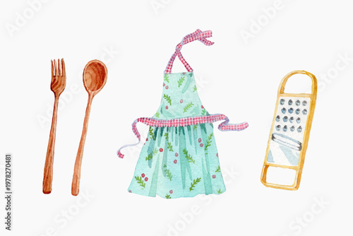 Watercolor kitchen utensil and a vintage apron