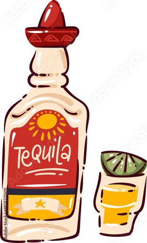 Tequila bottle with shot glass, lime wedge and red cap. Mexican drink symbol for bar menu, party decor and tequila branding, drawn simple modern style, vector illustration