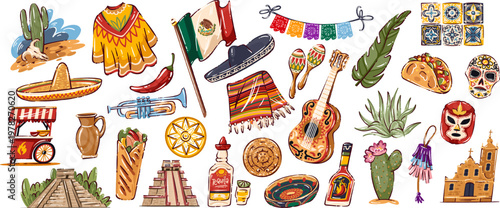 Travel to Mexico icon set with sombrero, taco, cactus, guitar, tequila, pyramid and folk decor. Colorful travel to Mexico collection in drawn simple modern style, vector illustration