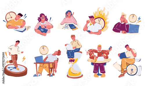 Time management stress cartoon vector illustration set with people, clocks, planners, paperwork, deadlines, anxiety reactions, burnout moments, multitasking scenes, modern daily work pressure.