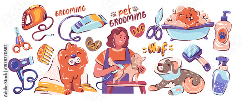 Pet care cartoon doodle set with dogs and cats, grooming tools, scissors, clippers, brushes, shampoo bottles, bath scenes, accessories and home pet items. Hand drawn pet objects, vector illustration.