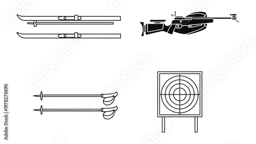 Biathlon Essentials: An overview of equipment crucial for the sport of biathlon, featuring skis, poles, a rifle, and a target, meticulously arranged against a backdrop.
