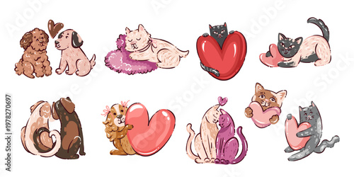 Cute pets set with red and pink hearts. Dogs and cats hugging, sitting and cuddling in romantic poses with fluffy fur and playful faces. Valentine animal characters, cartoon vector illustration.