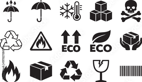Collection of shipping and handling icons including fragile eco recycle and warning symbols for logistics and packaging design isolated on a white background