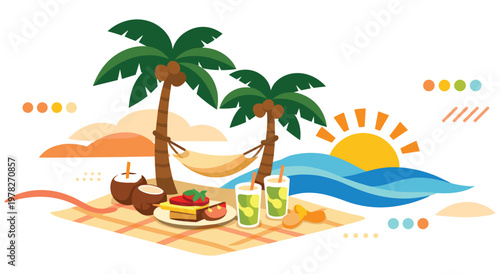 Flat vector illustration of tropical seaside picnic featuring coconut cocktails fruit platter refreshing lime drinks hammock between palm trees under bright sun and ocean waves background.