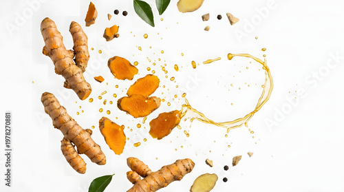 Fresh turmeric roots, sliced pieces, ginger, black pepper, and bay leaves exploding dynamically with golden liquid splash on white.