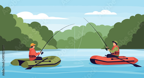 Two men wearing life jackets and fishing from small inflatable boats on a calm river surrounded by lush green forest under a blue sky.