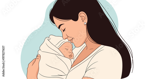 Loving mother holding her newborn baby in a white swaddle close to her face and sharing a tender moment of affection on a soft background.