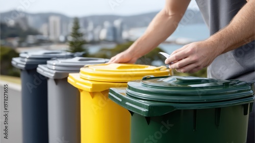 A hand places paper into a green dustbin while other colorful bins sit at the beach beside a coastal city