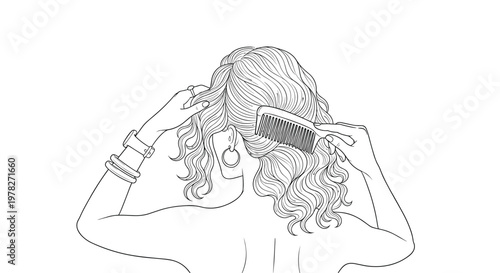Line art illustration of a woman from behind combing her long curly hair with a wide-tooth comb and wearing jewelry on her wrist and ears.