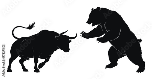 Bull And Bear Silhouettes Facing Each Other animals
