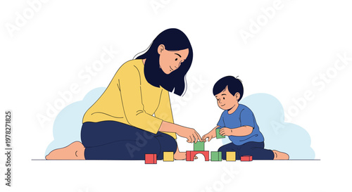 Caring mother sitting on the floor and playing with colorful wooden building blocks alongside her young son in a warm and educational scene.